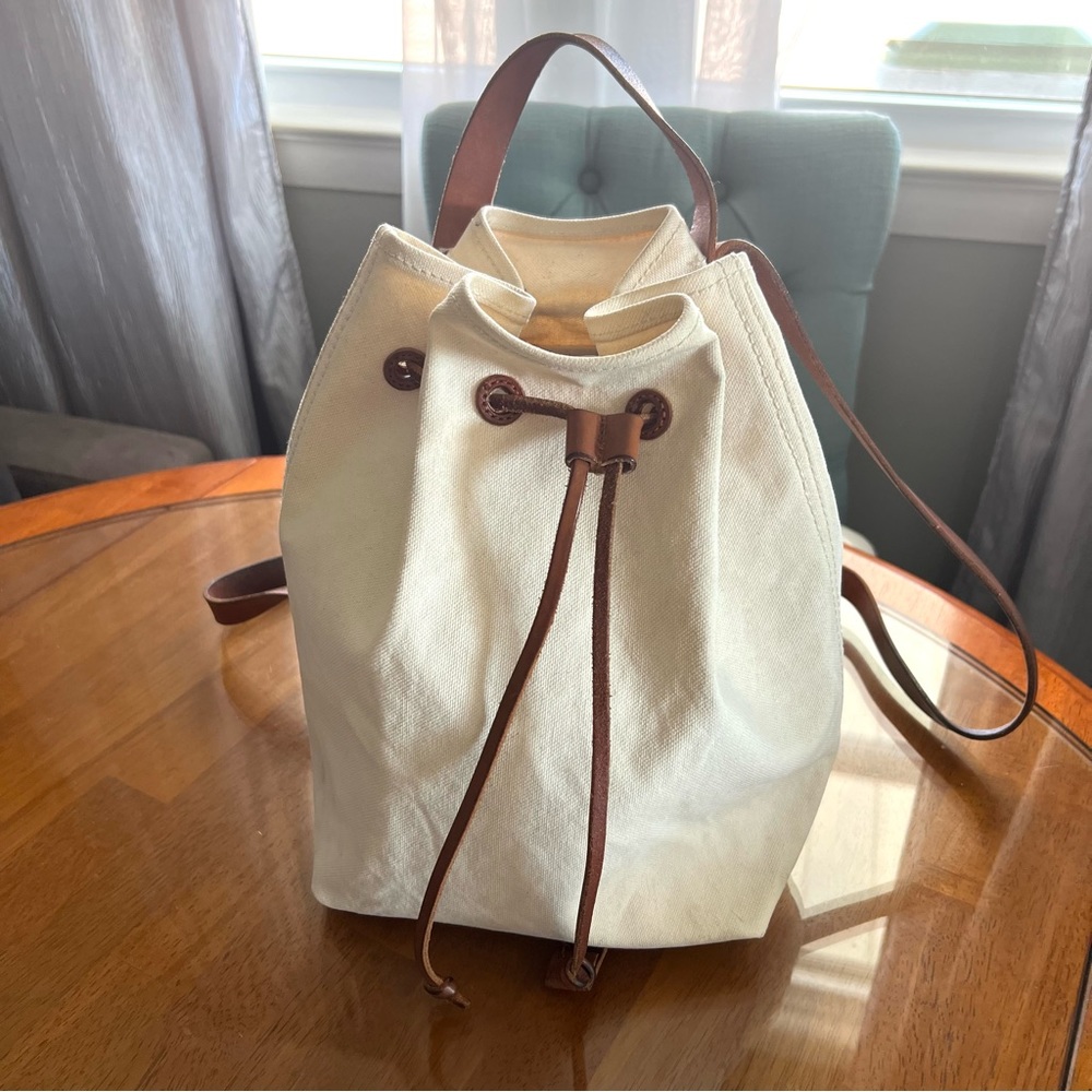 Madewell Cream Canvas Drawstring Backpack with Brown Leather Trim